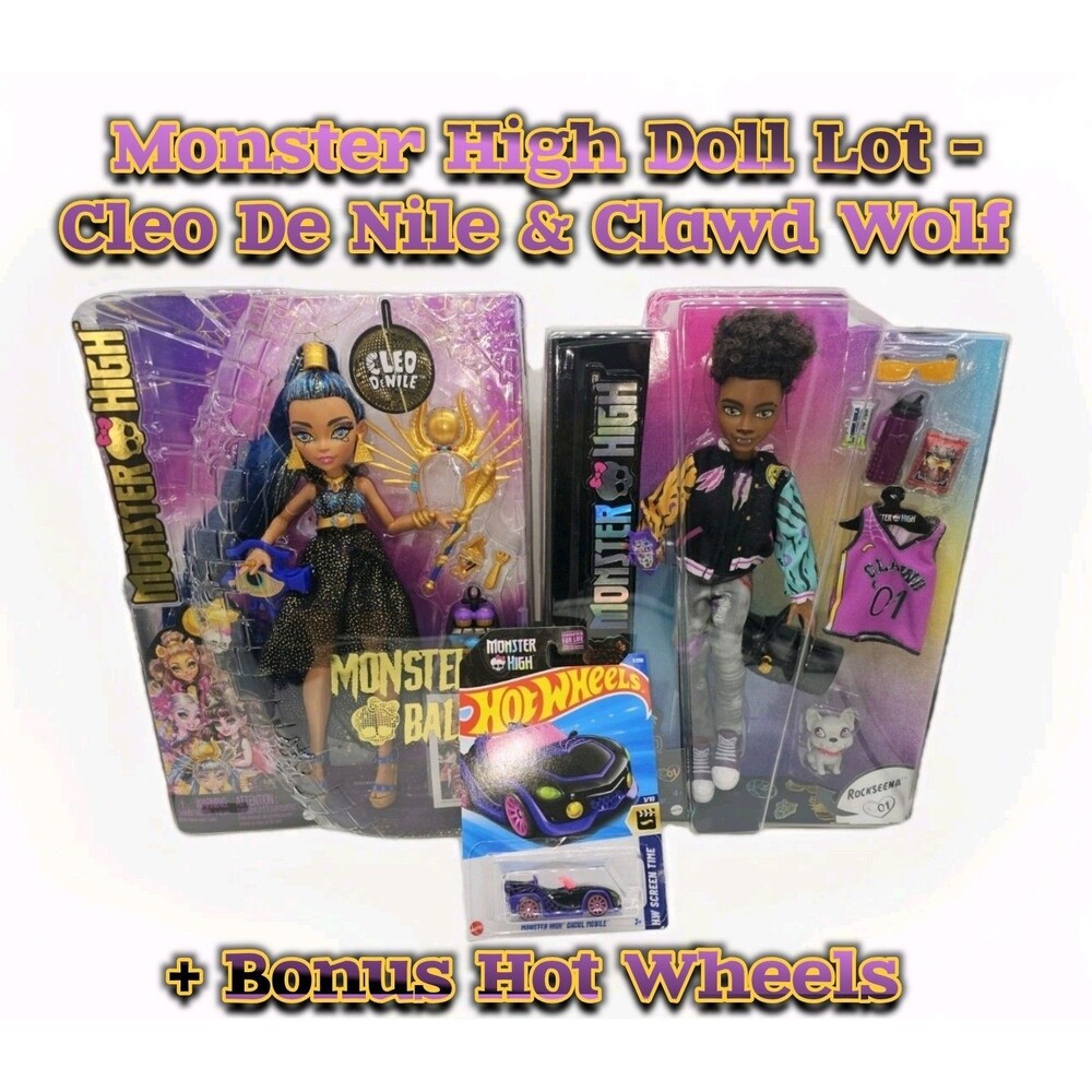 Monster High Doll Lot - Cleo De Nile & Clawd Wolf + Bonus Monster Hot Wheels